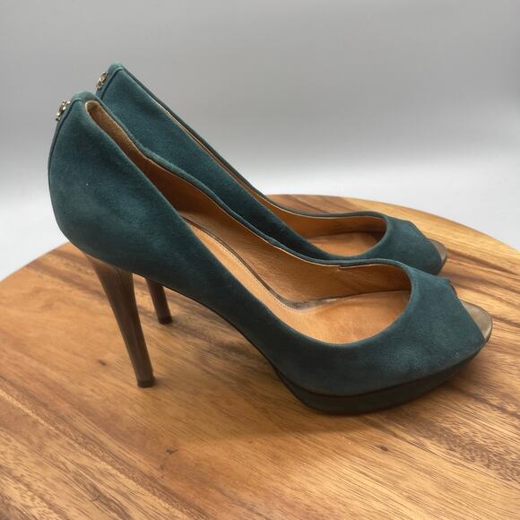 Coach High Heels Womens Size 9 B Green Leather Going Out Formal Peep Toe Shoes - Picture 1 of 8